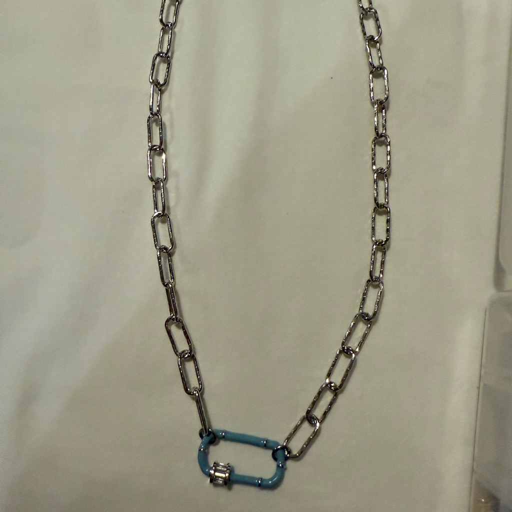 Silver And Blue Carabiner Necklace With Paperclip Chain